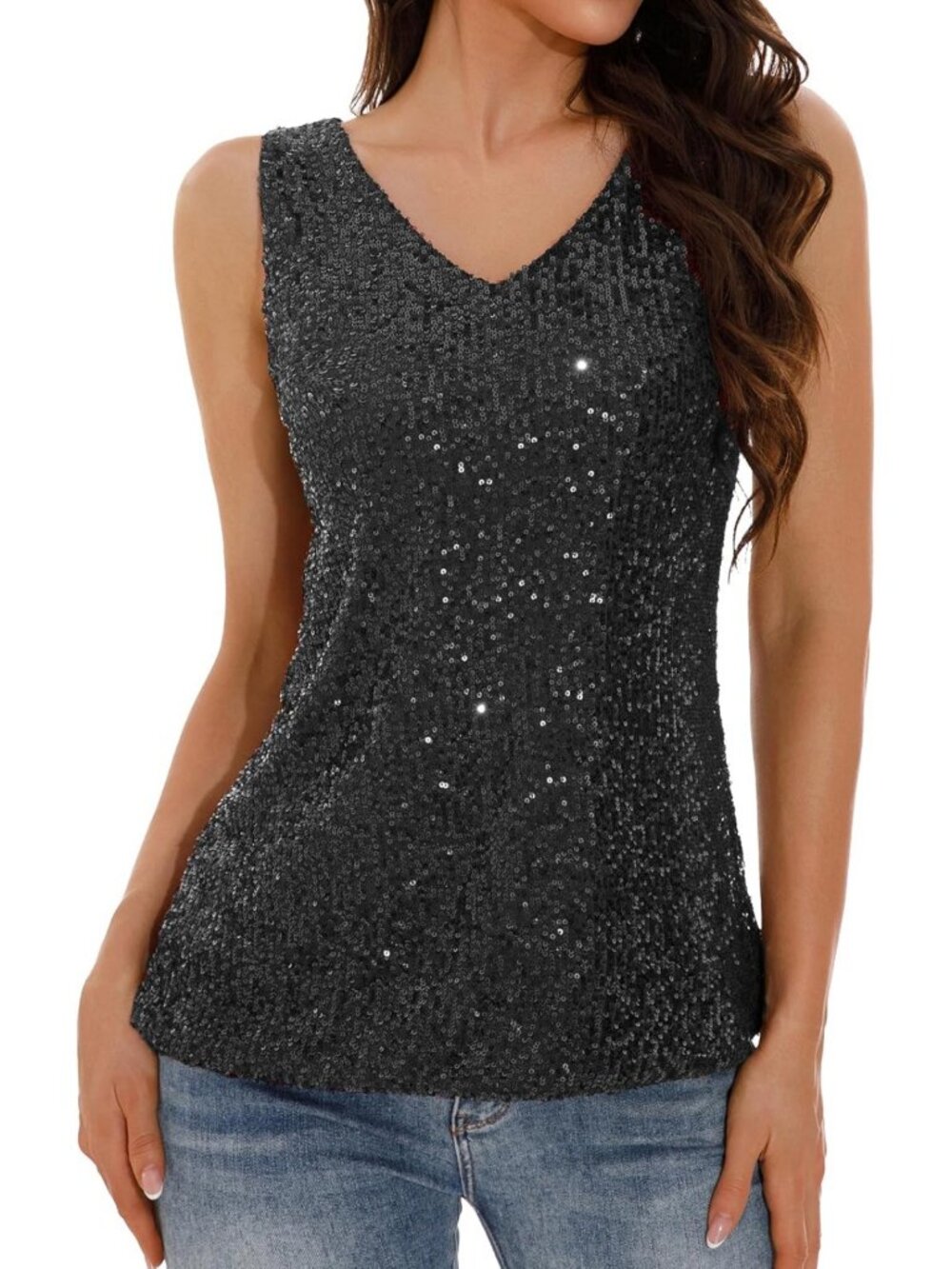 Sparkly V Neck Sequin Tank Top - Women's Sleeveless Dressy Blouse